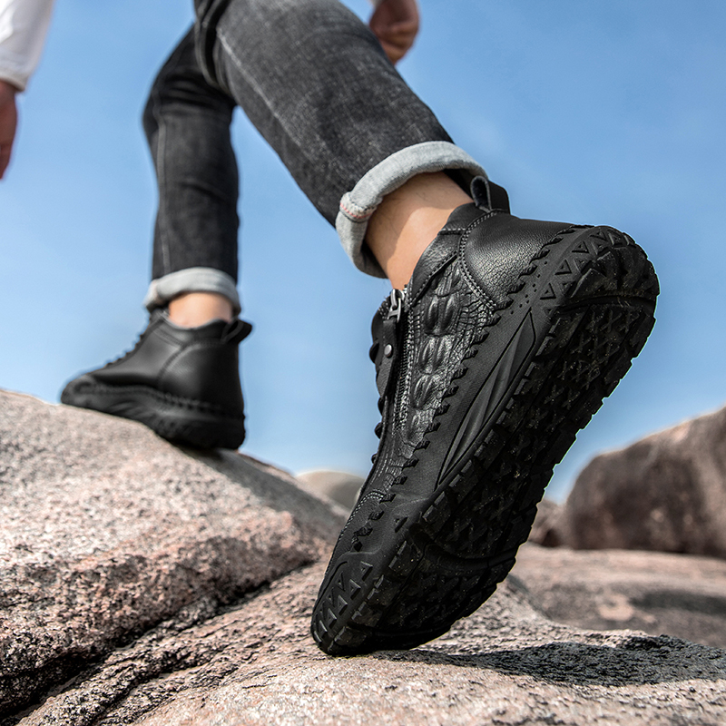 Men's Outdoor Leather Shoes with Zipper – Waterproof, Arch Support & Wide Toe Comfort