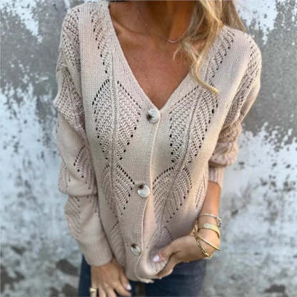 Open-Knit Reversible Sweater with Double V-Neck and Button Detail 