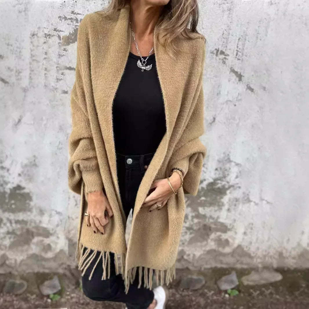 Blanket Coat in Cozy Knit with Fringes and Handcrafted Finish / Winter Softness Meets French Elegance!