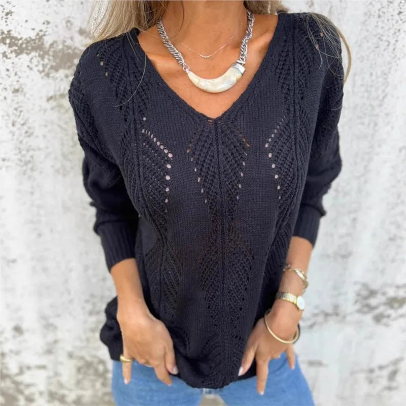 Open-Knit Reversible Sweater with Double V-Neck and Button Detail 