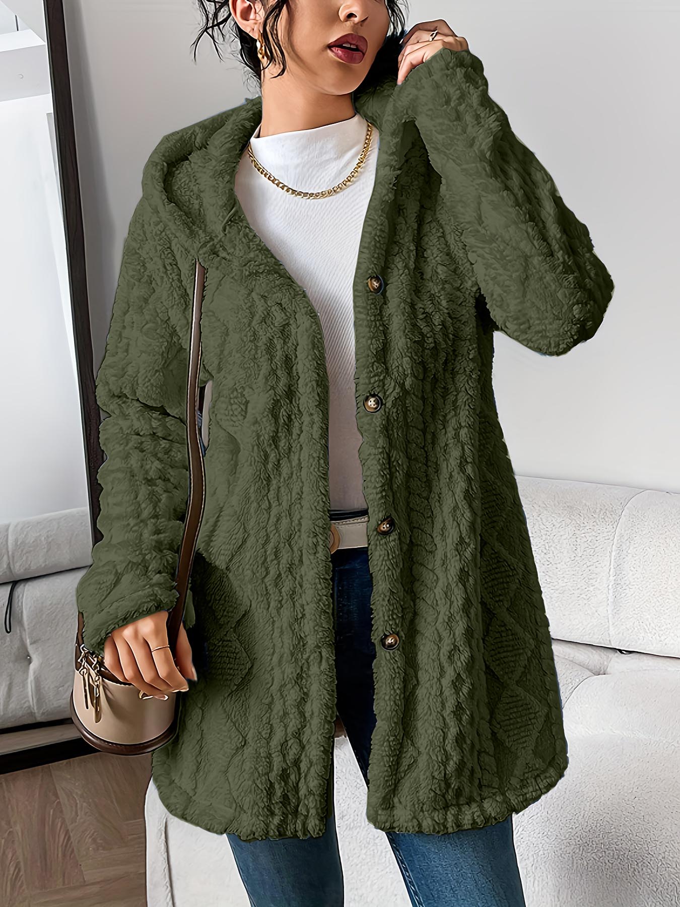 Womens Fuzzy Fleece Button Down Jacket Hooded Open Front Cardigan Sweater