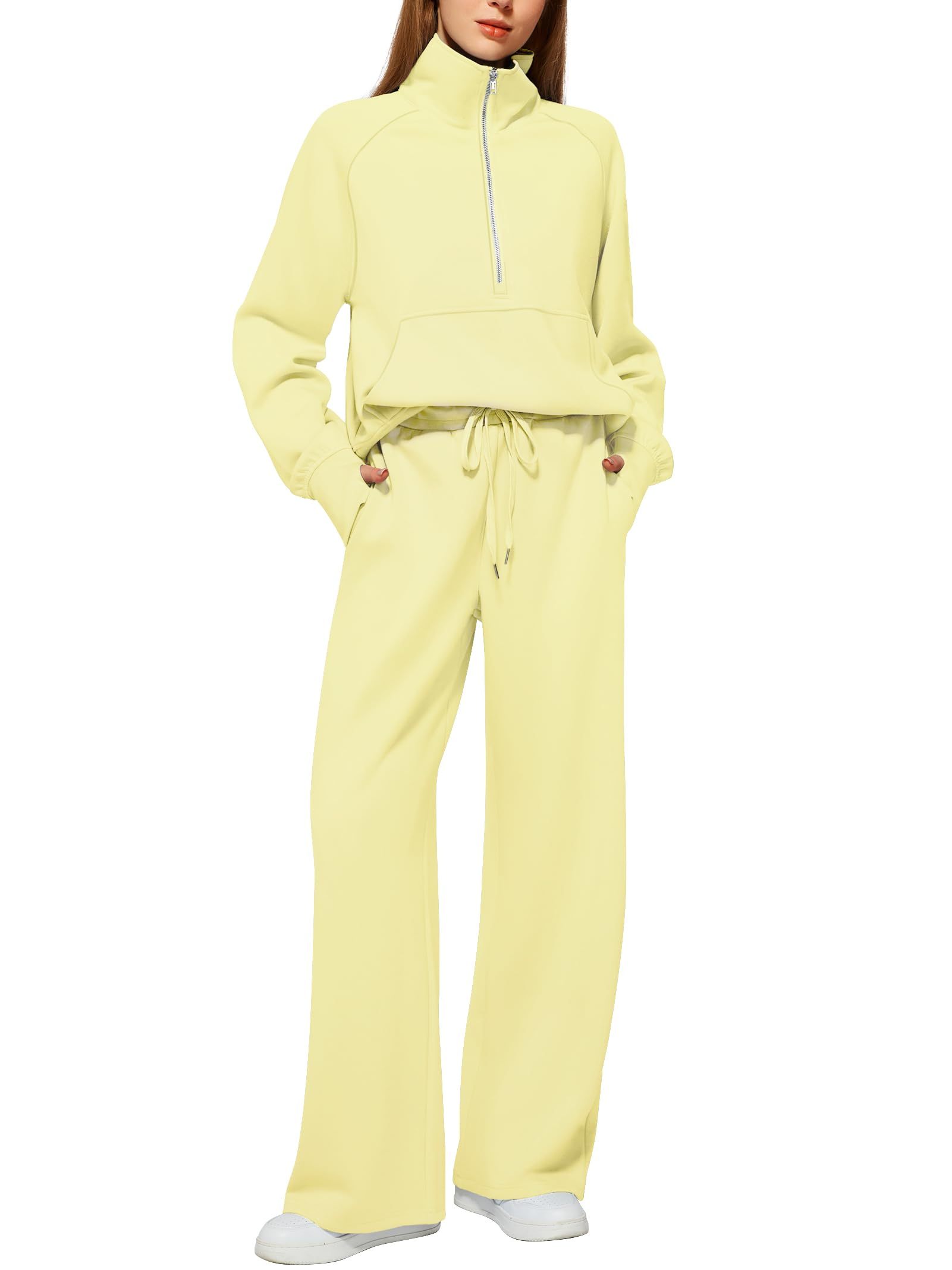 Women's Cotton Two-Piece Oversized Half-Zip Sweatshirt Wide Leg Sweatpants Casual Suit