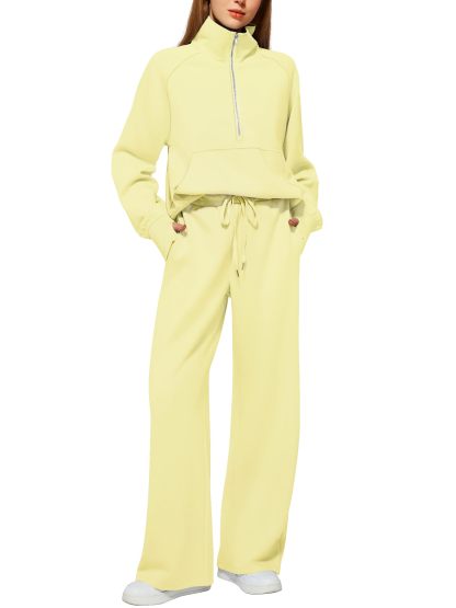 Women's Cotton Two-Piece Oversized Half-Zip Sweatshirt Wide Leg Sweatpants Casual Suit