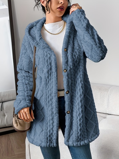 Womens Fuzzy Fleece Button Down Jacket Hooded Open Front Cardigan Sweater