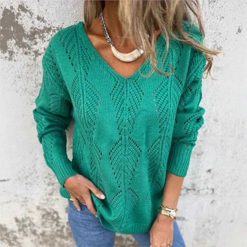 Open-Knit Reversible Sweater with Double V-Neck and Button D