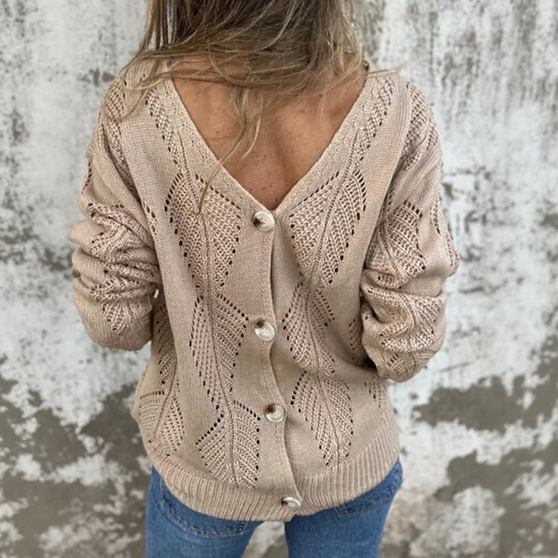 Open-Knit Reversible Sweater with Double V-Neck and Button Detail 