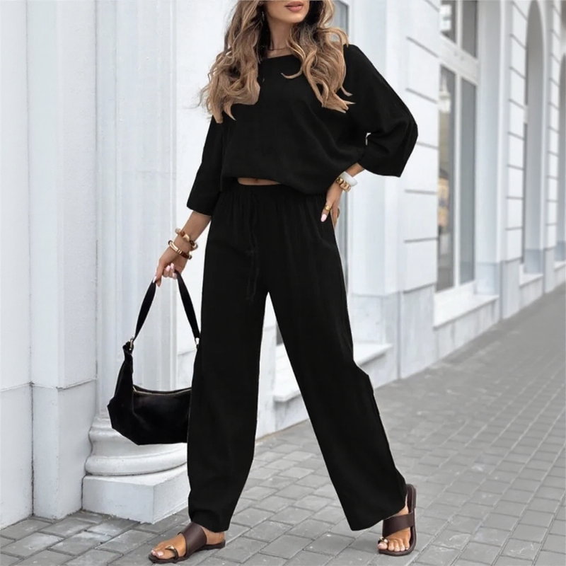 Cotton Linen Set with Casual Blouse and Straight-Leg Pants / Modern Versatility at its Most Chic!