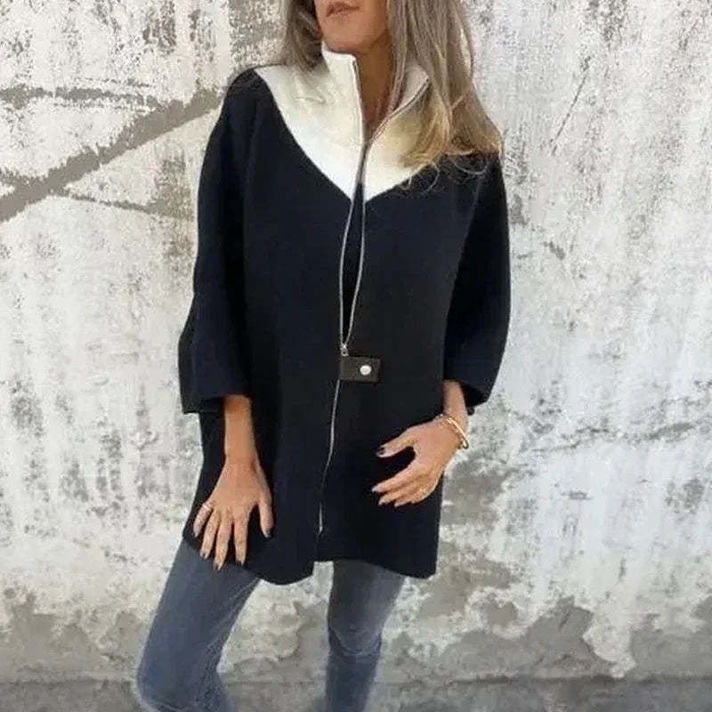 Coat with Contrasting Collar and Loose Fit