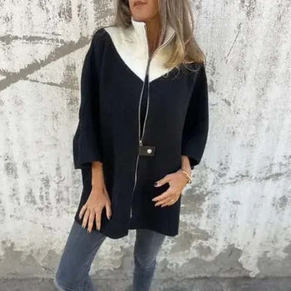Coat with Contrasting Collar and Loose Fit 