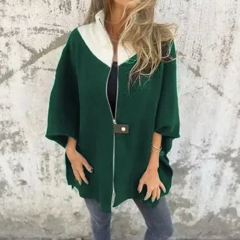 Coat with Contrasting Collar and Loose Fit 