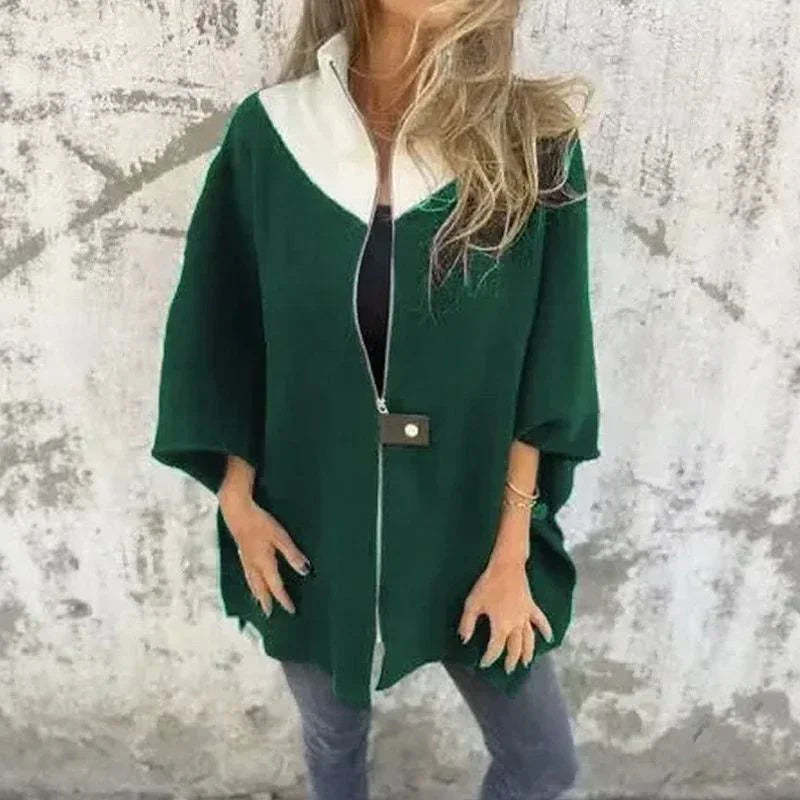 Coat with Contrasting Collar and Loose Fit 