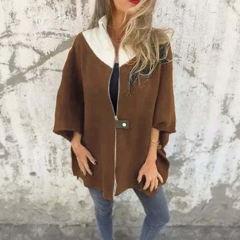 Coat with Contrasting Collar and Loose Fit 