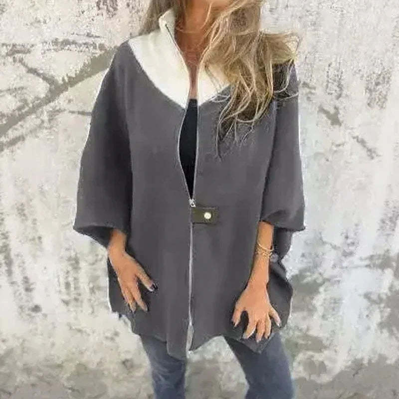 Coat with Contrasting Collar and Loose Fit 