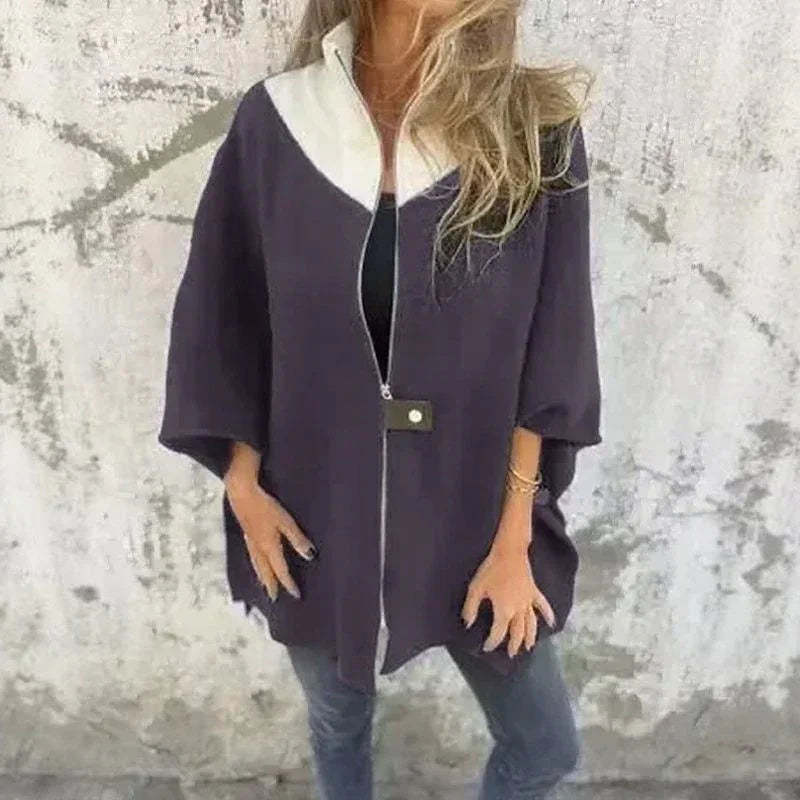 Coat with Contrasting Collar and Loose Fit 