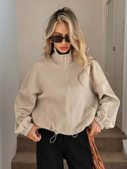 Drawstring Hem Textured Long Sleeve Jacket
