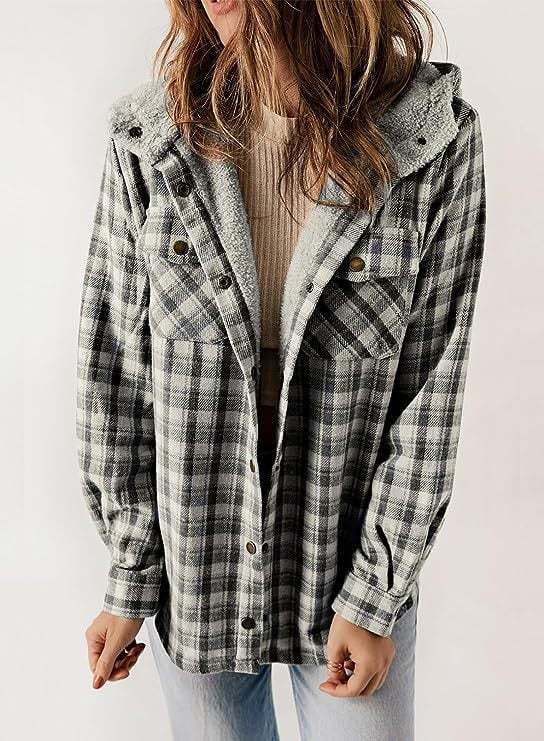 Women's Autumn/Winter Plaid Jacket Long Sleeve Buckle  Hooded Jacket Warm Coat