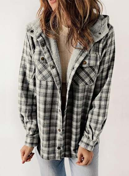 Women's Autumn/Winter Plaid Jacket Long Sleeve Buckle  Hooded Jacket Warm Coat