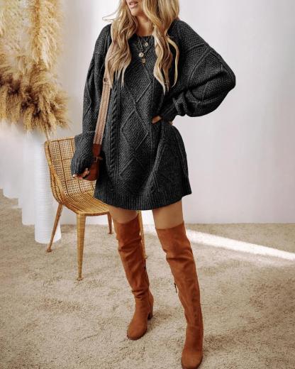 Round Neck Long Sleeve Drop Shoulder Pullover Sweater Casual Loose Fit Cable Knit Mid-length Sweater