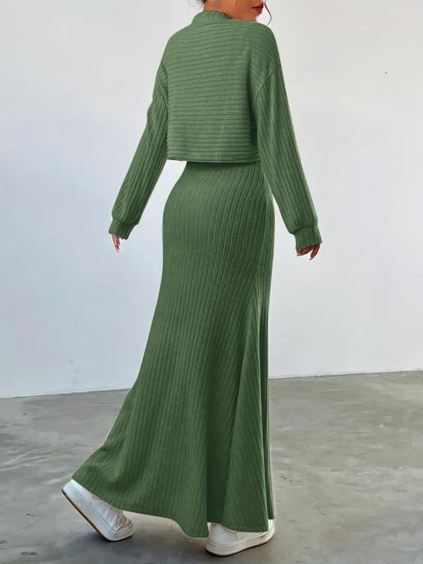 Women's Solid Color Long Sleeve Top & Long Skirt Set