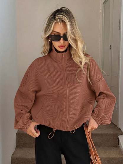Drawstring Hem Textured Long Sleeve Jacket