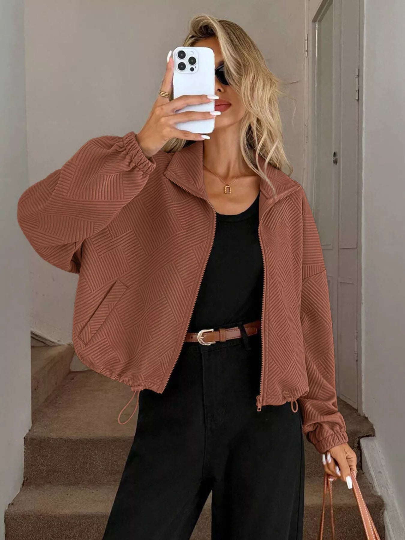 Drawstring Hem Textured Long Sleeve Jacket