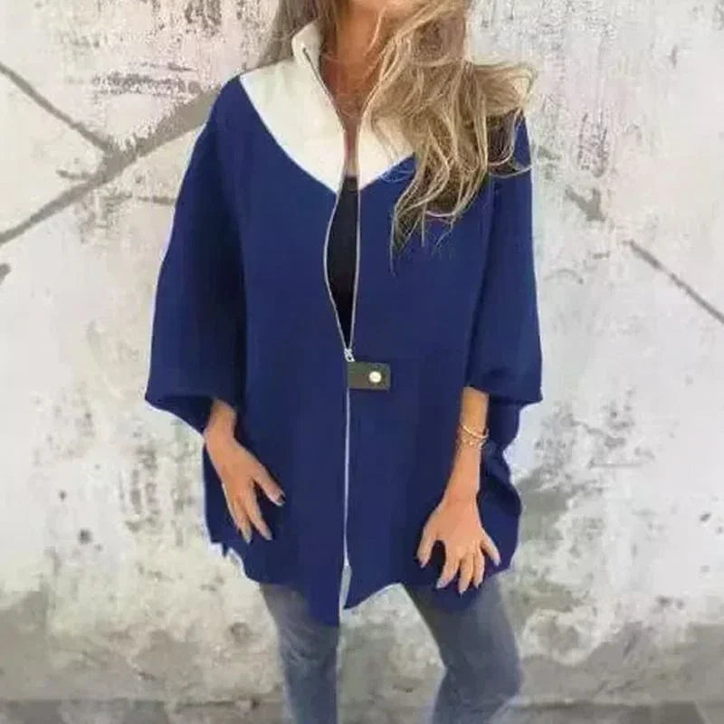 Coat with Contrasting Collar and Loose Fit 