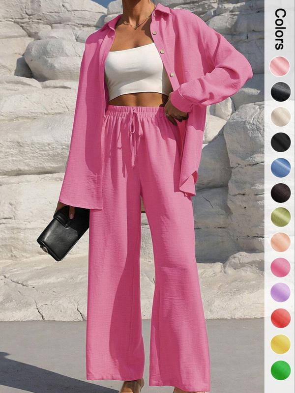 Two-Piece Set Women's Solid Button Front Shirt & Drawstring Waist Wide Leg Pants, Casual Drop Shoulder Long Sleeve Top & High Waist Trousers For Spring & Fall, Ladies Clothes For Daily Wear