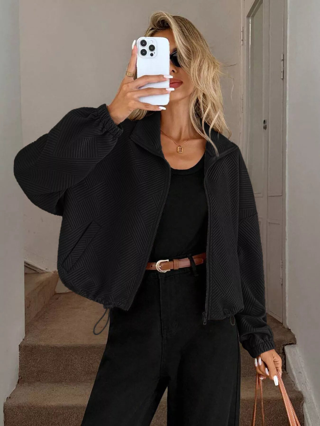 Drawstring Hem Textured Long Sleeve Jacket