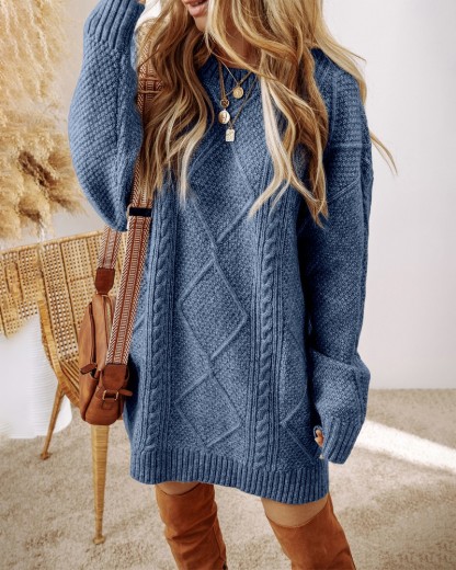 Round Neck Long Sleeve Drop Shoulder Pullover Sweater Casual Loose Fit Cable Knit Mid-length Sweater