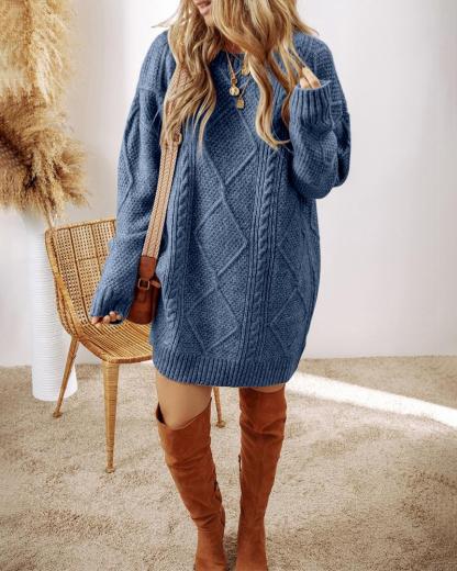Round Neck Long Sleeve Drop Shoulder Pullover Sweater Casual Loose Fit Cable Knit Mid-length Sweater