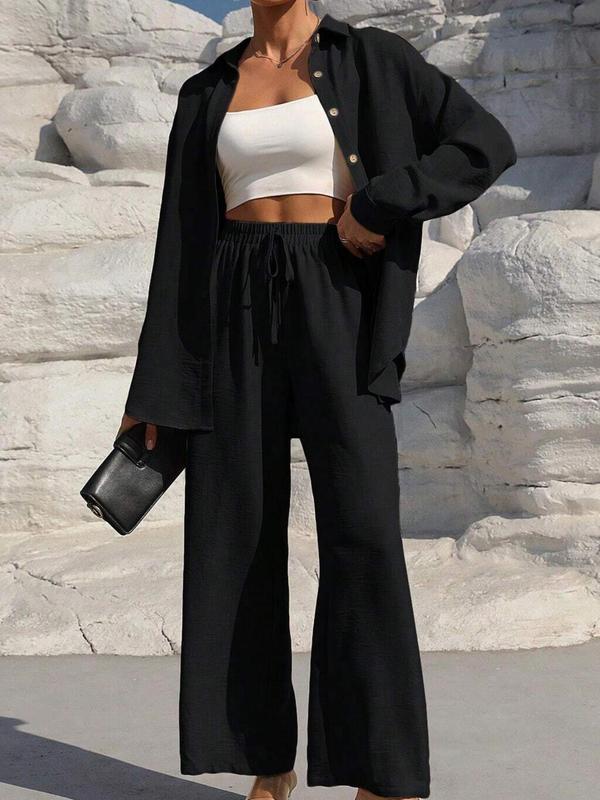 Two-Piece Set Women's Solid Button Front Shirt & Drawstring Waist Wide Leg Pants, Casual Drop Shoulder Long Sleeve Top & High Waist Trousers For Spring & Fall, Ladies Clothes For Daily Wear