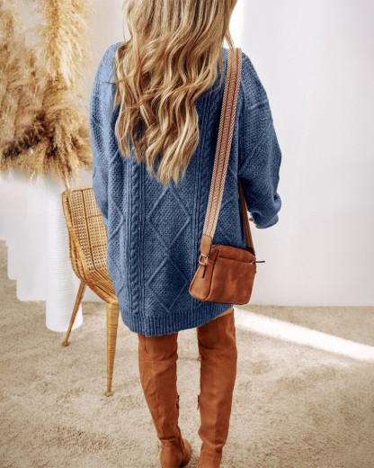 Round Neck Long Sleeve Drop Shoulder Pullover Sweater Casual Loose Fit Cable Knit Mid-length Sweater