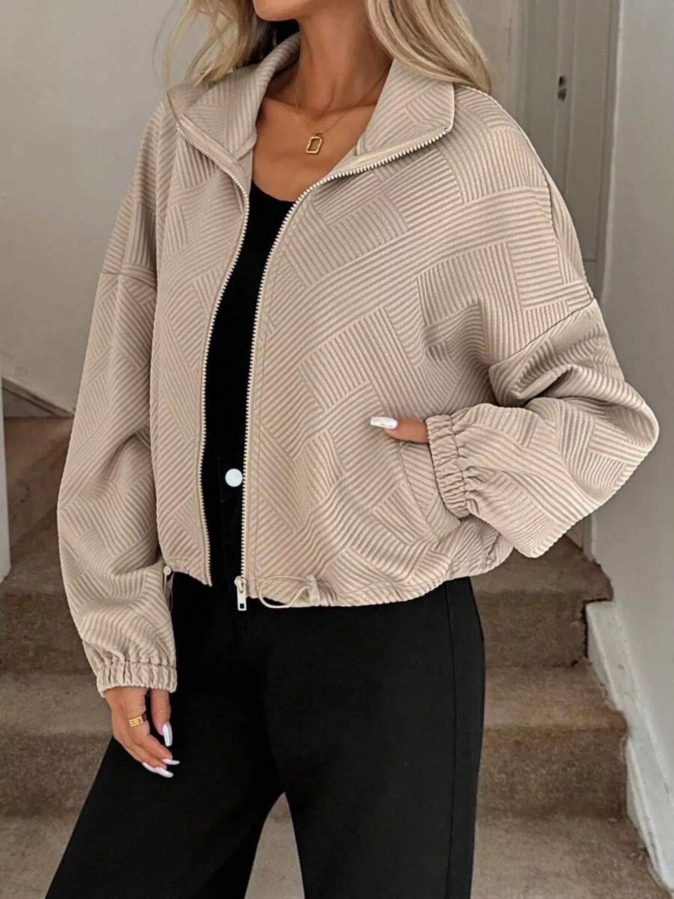 Drawstring Hem Textured Long Sleeve Jacket