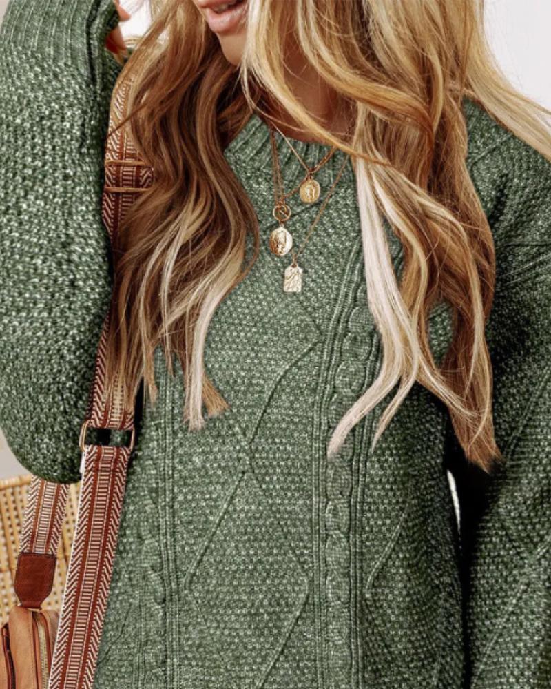 Round Neck Long Sleeve Drop Shoulder Pullover Sweater Casual Loose Fit Cable Knit Mid-length Sweater