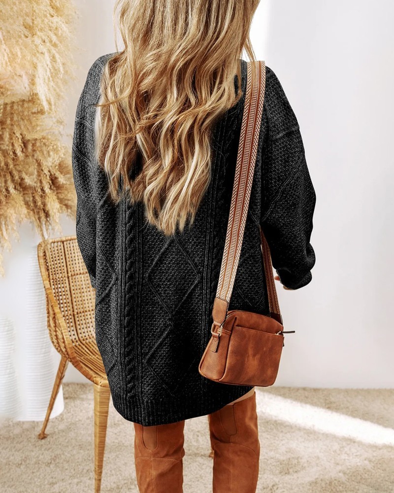 Round Neck Long Sleeve Drop Shoulder Pullover Sweater Casual Loose Fit Cable Knit Mid-length Sweater