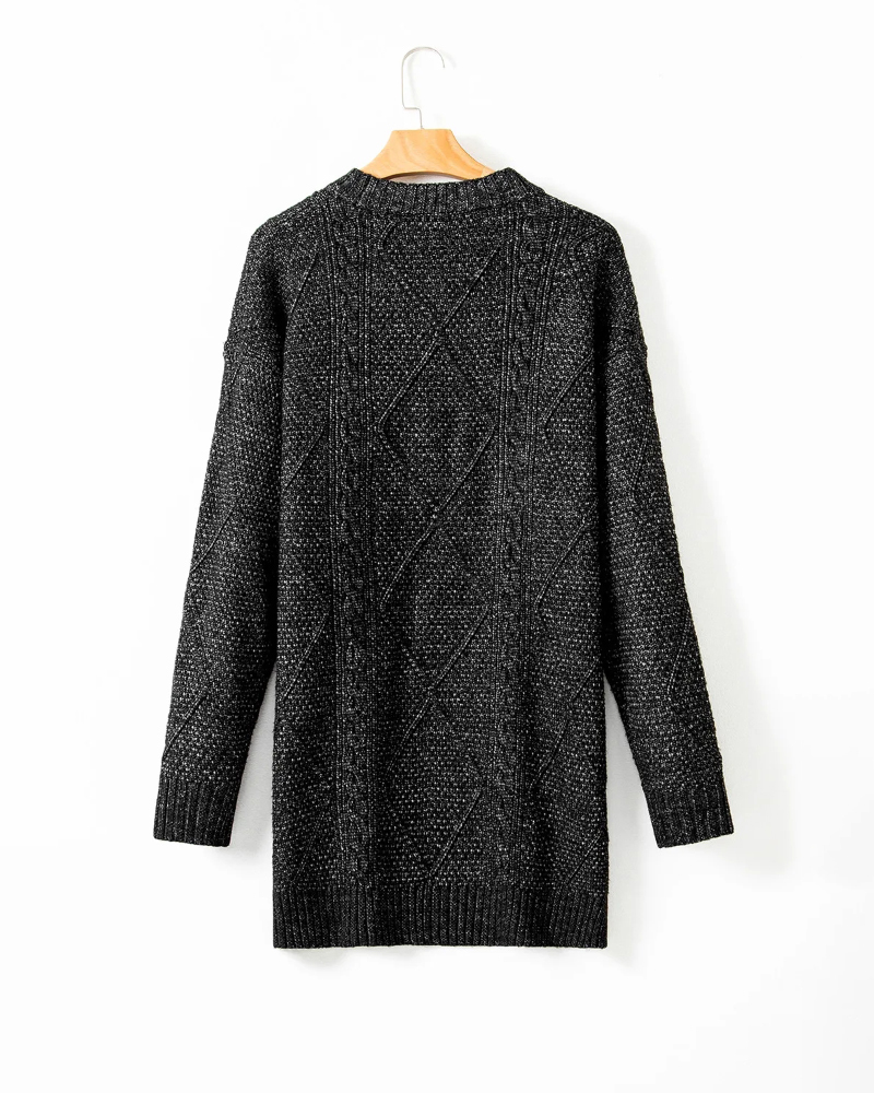 Round Neck Long Sleeve Drop Shoulder Pullover Sweater Casual Loose Fit Cable Knit Mid-length Sweater
