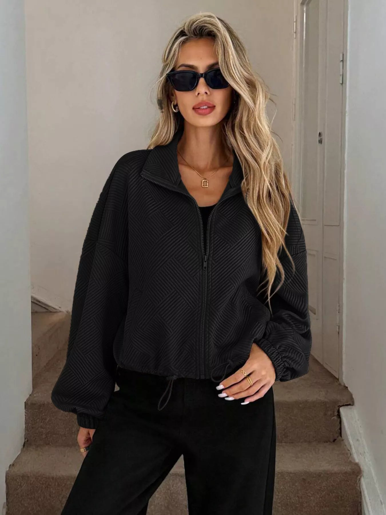 Drawstring Hem Textured Long Sleeve Jacket