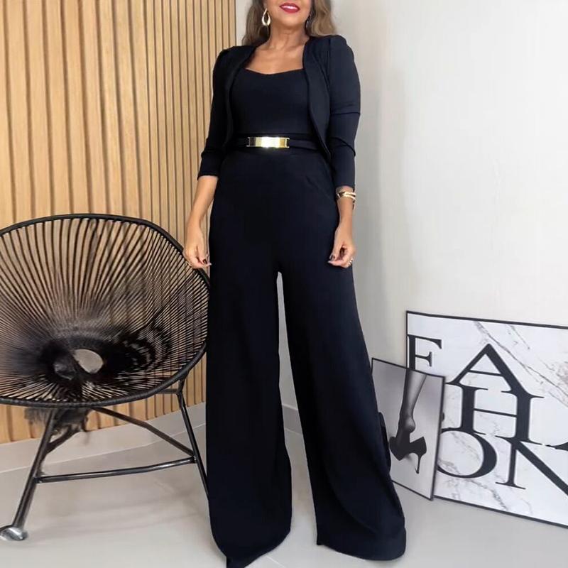 Women's 2 Pieces Waist Wide Leg Jumpsuit and Casual Crop Cardigan Set