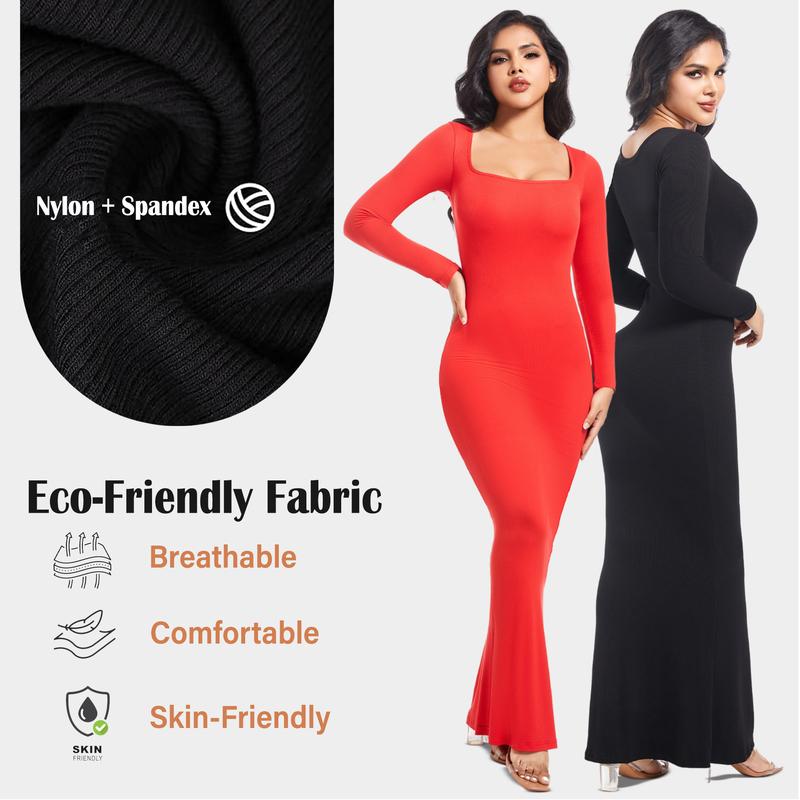 Built-in Shaper Dress with Square Neck, Long Sleeve, Tummy Control, and Bodycon Shapewear for Women