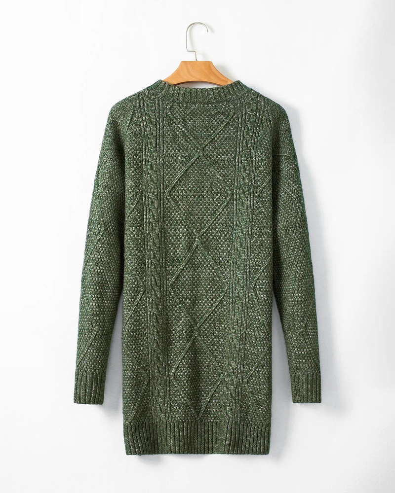 Round Neck Long Sleeve Drop Shoulder Pullover Sweater Casual Loose Fit Cable Knit Mid-length Sweater