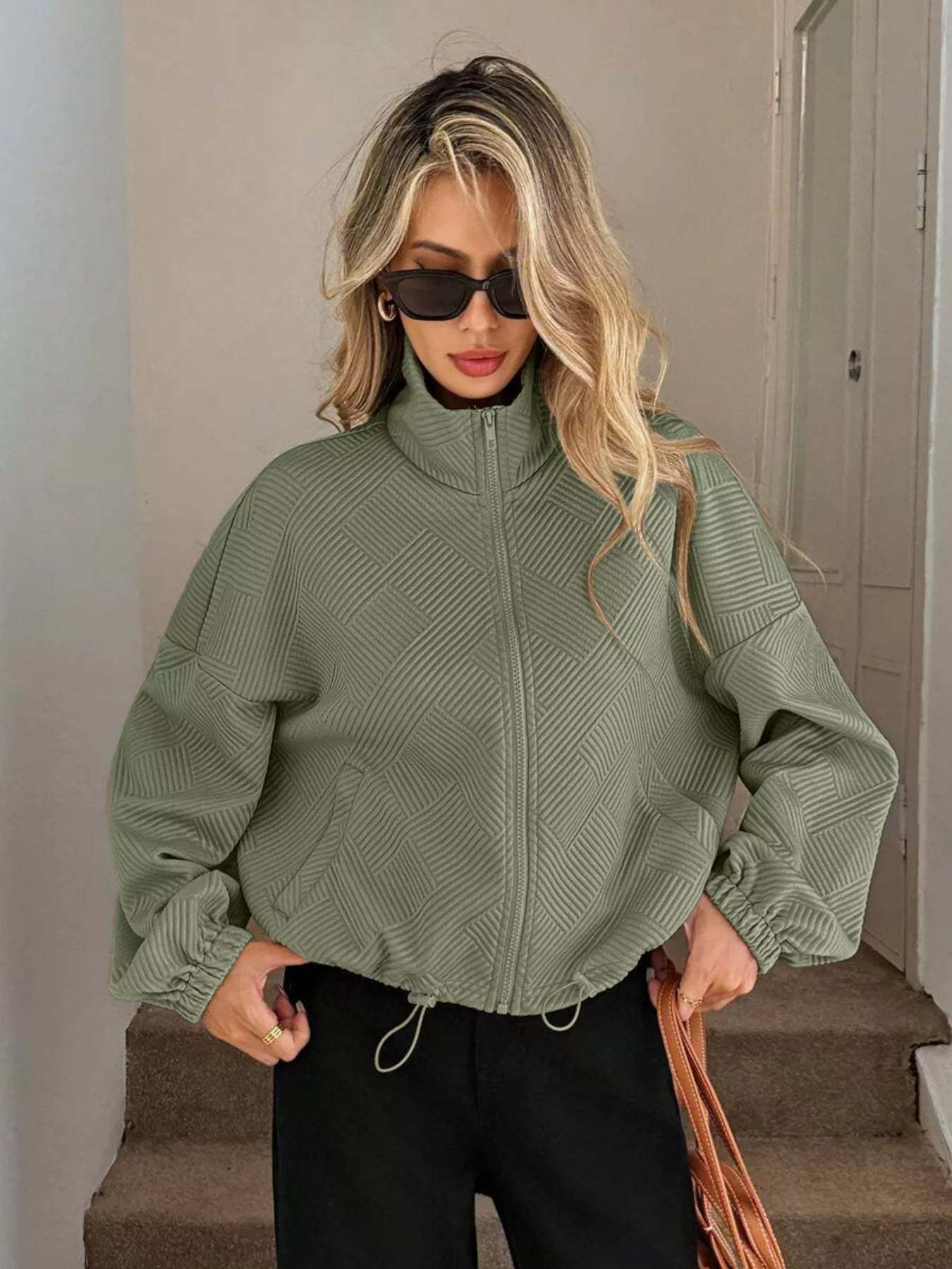 Drawstring Hem Textured Long Sleeve Jacket