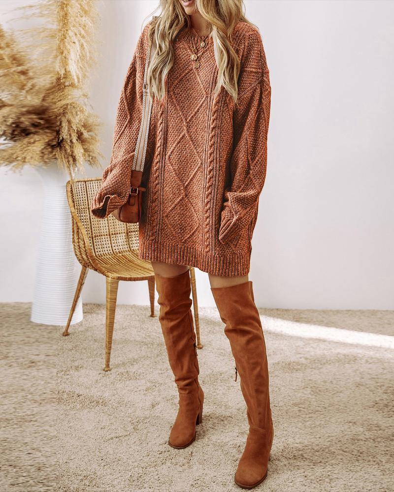 Round Neck Long Sleeve Drop Shoulder Pullover Sweater Casual Loose Fit Cable Knit Mid-length Sweater