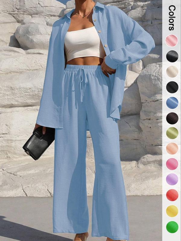 Two-Piece Set Women's Solid Button Front Shirt & Drawstring Waist Wide Leg Pants, Casual Drop Shoulder Long Sleeve Top & High Waist Trousers For Spring & Fall, Ladies Clothes For Daily Wear