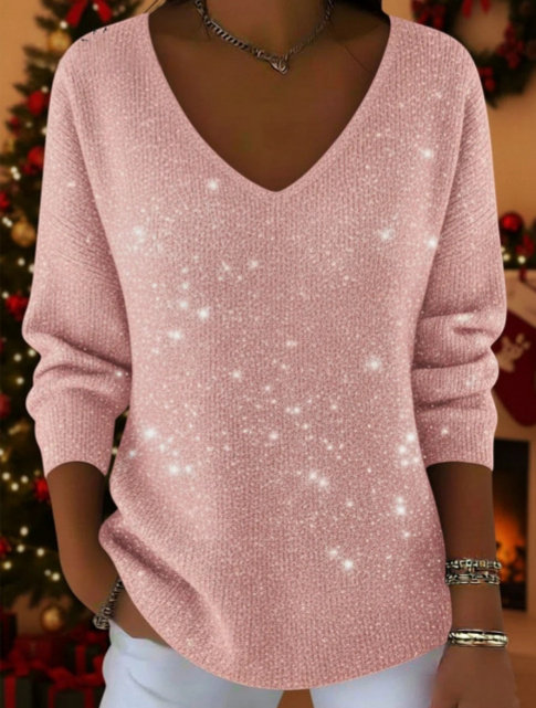 ⏰ LAST DAY 💥Women's Christmas Elegant V-neck Solid Color Loose Glossy Sweater