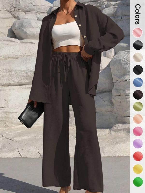 Two-Piece Set Women's Solid Button Front Shirt & Drawstring Waist Wide Leg Pants, Casual Drop Shoulder Long Sleeve Top & High Waist Trousers For Spring & Fall, Ladies Clothes For Daily Wear
