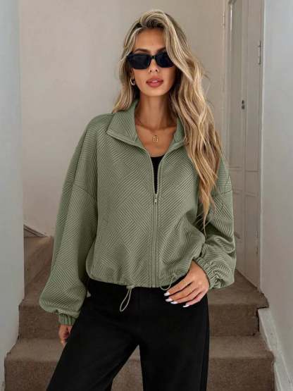 Drawstring Hem Textured Long Sleeve Jacket