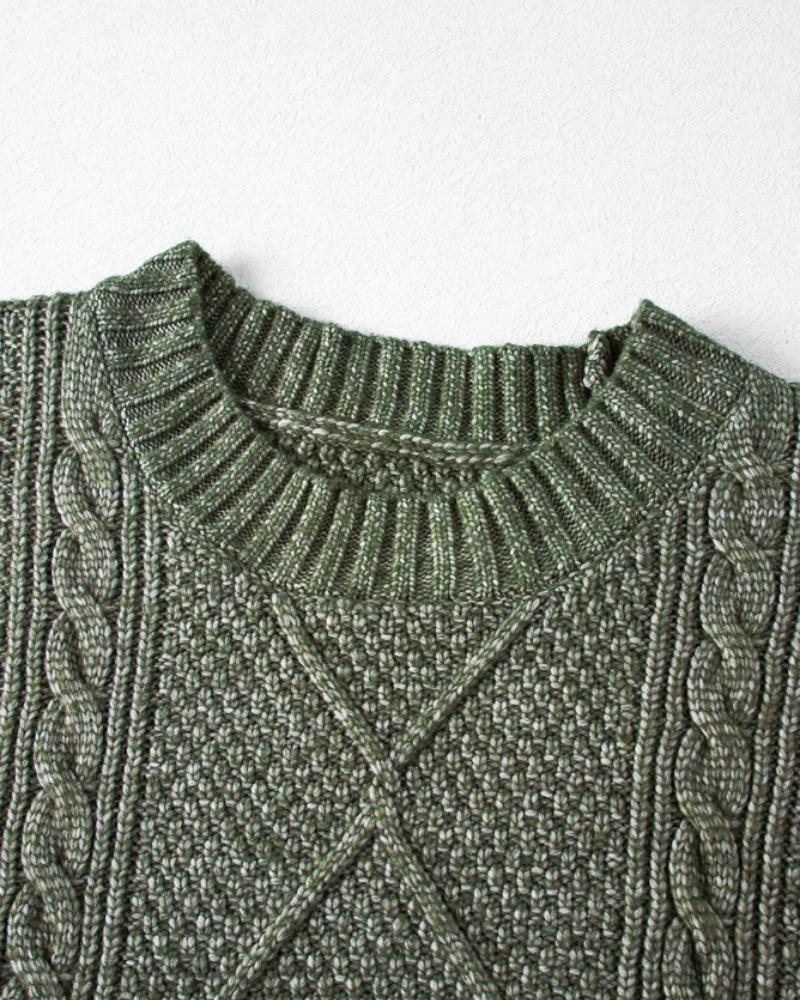 Round Neck Long Sleeve Drop Shoulder Pullover Sweater Casual Loose Fit Cable Knit Mid-length Sweater