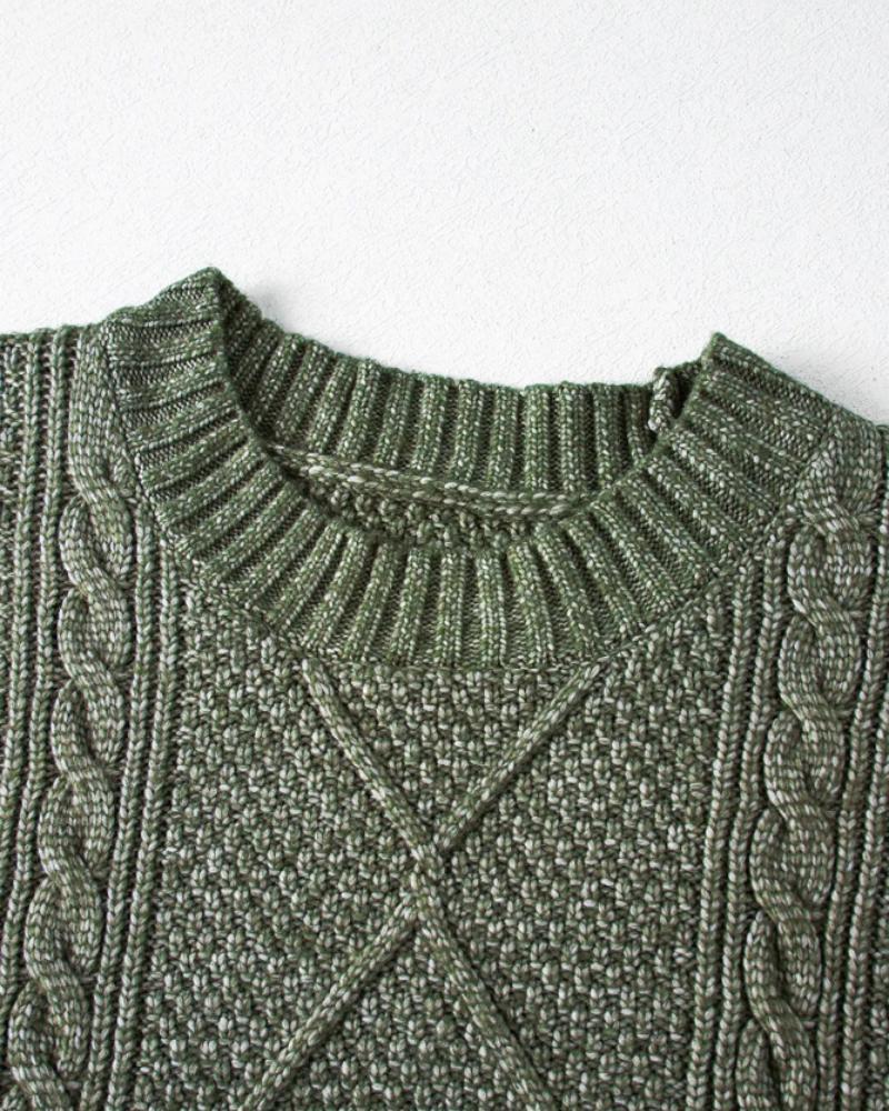 Round Neck Long Sleeve Drop Shoulder Pullover Sweater Casual Loose Fit Cable Knit Mid-length Sweater