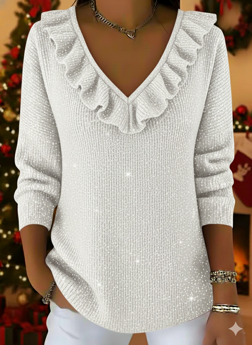 ⏰ LAST DAY 💥Women's Christmas Elegant V-neck Ruffled Sparkling Sweater Top