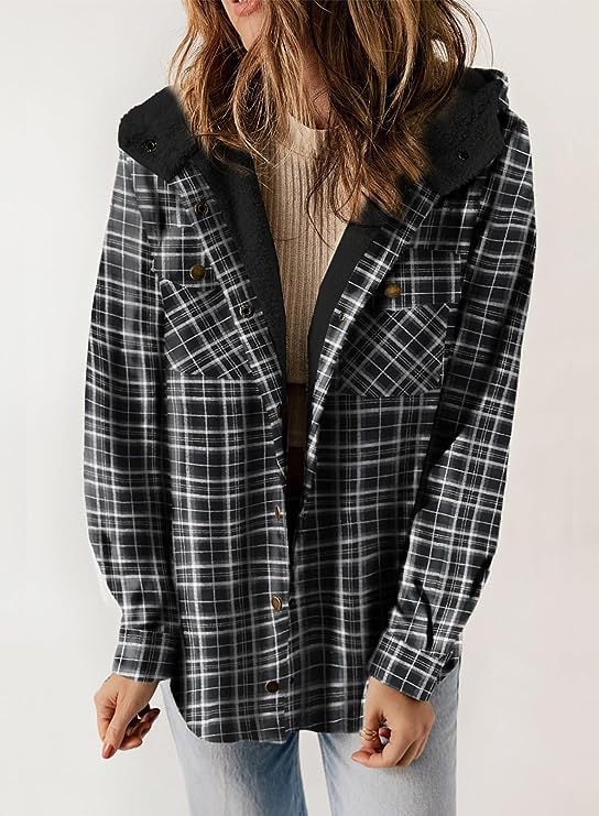 Women's Autumn/Winter Plaid Jacket Long Sleeve Buckle  Hooded Jacket Warm Coat